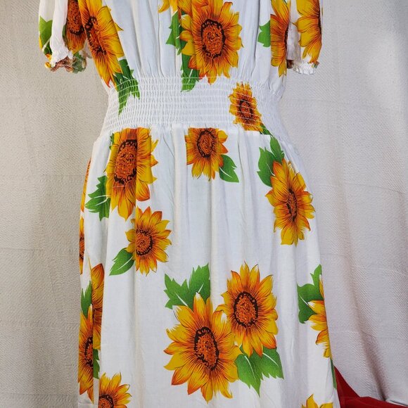 Ace White Yellow Orange Green Sunflowers Smocked Waist Drop Shoulder Maxi Sz 1X - Picture 5 of 16
